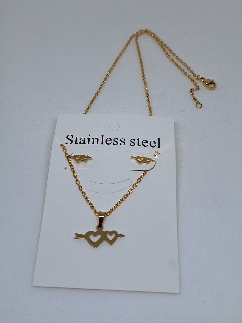 Gold Heart Arrow Stainless Steel Necklace and Earring Set